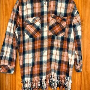 Thrill Plaid Fringe Hem Shacket | Boho Western Flannel Overshirt | Size S